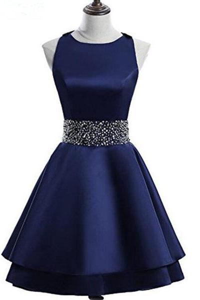 Navy Blue Satin Layers Cross Back Homecoming Dress, Blue Short Prom Dress D055