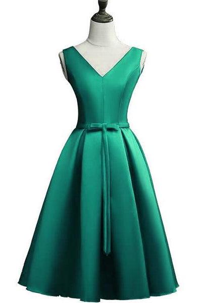 Green Satin Short Party Dress, V-neckline Bridesmaid Dress D058