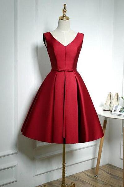 Custom Wine Red Satin Homecoming Dress, Short Bridesmaid Dress D059