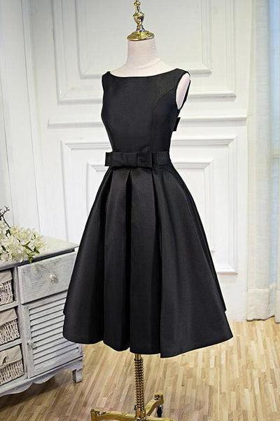 Simple Black Satin Knee Length Party Dress, Prom Dress D061