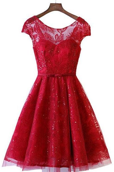 Fashion Dark Red Lace Cap Sleeves Short Party Dress, Wine Red Formal Dress D062