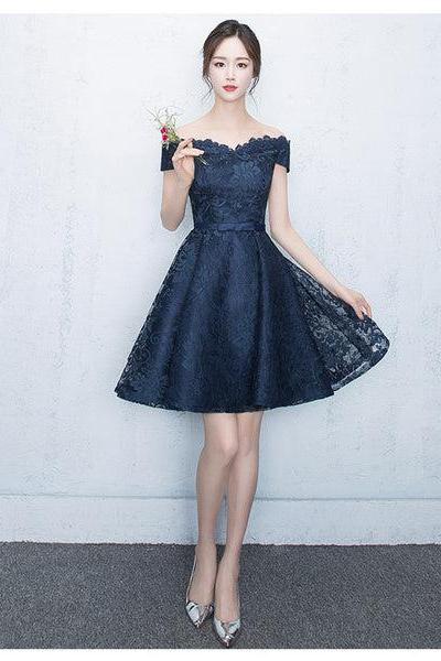Prom Dress Blue Lace Short Party Dress, Lace Formal Dress D063