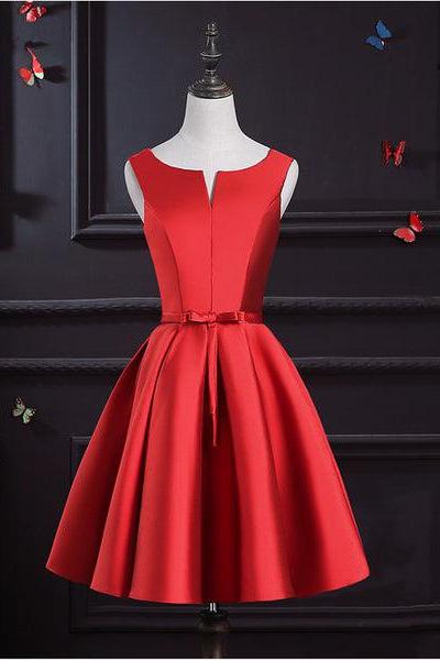 Dark Red Satin Lace Up Back Homecoming Dress, Short Prom Dress D064