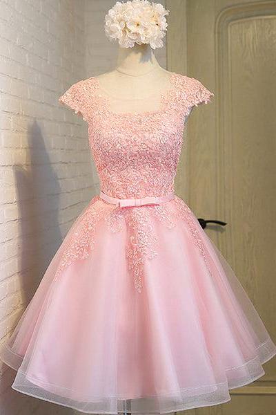 Cute Pink Round Neckline Tulle Party Dress, Pink Cap Sleeves Formal Dress D065