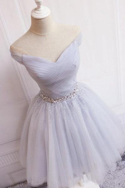 Charming Sliver Grey Short Beaded Tulle Party Dress, Prom Dress D067