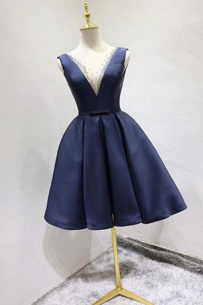 Elegant Beaded V-neckline Satin Navy Blue Dress, Short Bridesmaid Dress D069