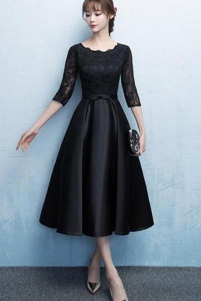 Black Satin Tea Length Party Dress, Black Prom Dress D070