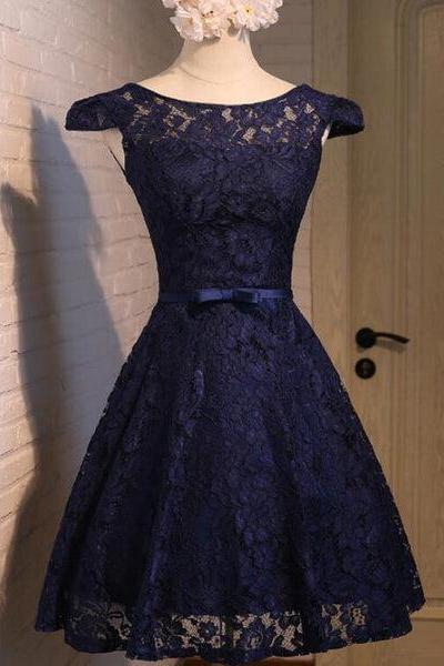 Beautiful Lace Navy Blue Short Party Dress, Lace Bridesmaid Dress D073