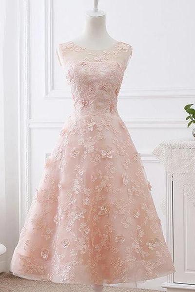 Charming Tea Length Light Pink Lace Wedding Party Dress, Pink Party Dress D079