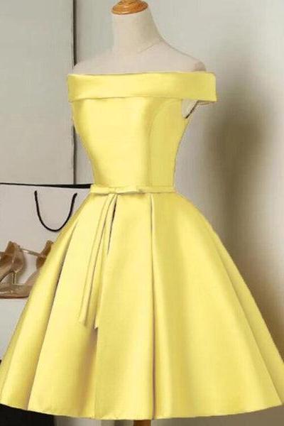 Yellow Satin Off Shoulder Short Prom Dress, Yellow Prom Dress D080