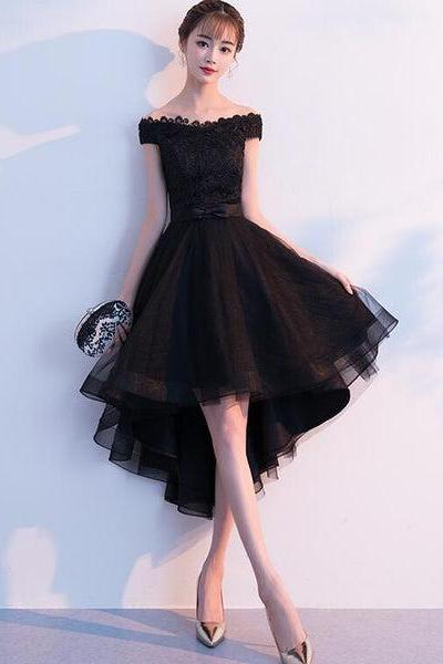 Black Tulle Lace Off Shoulder Homecoming Dress, High Low Fashionable Prom Dress D096