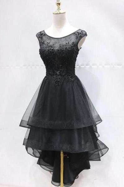 Cute Black Layers High Low Round Neckline Homecoming Dress, Black Party Dress D098