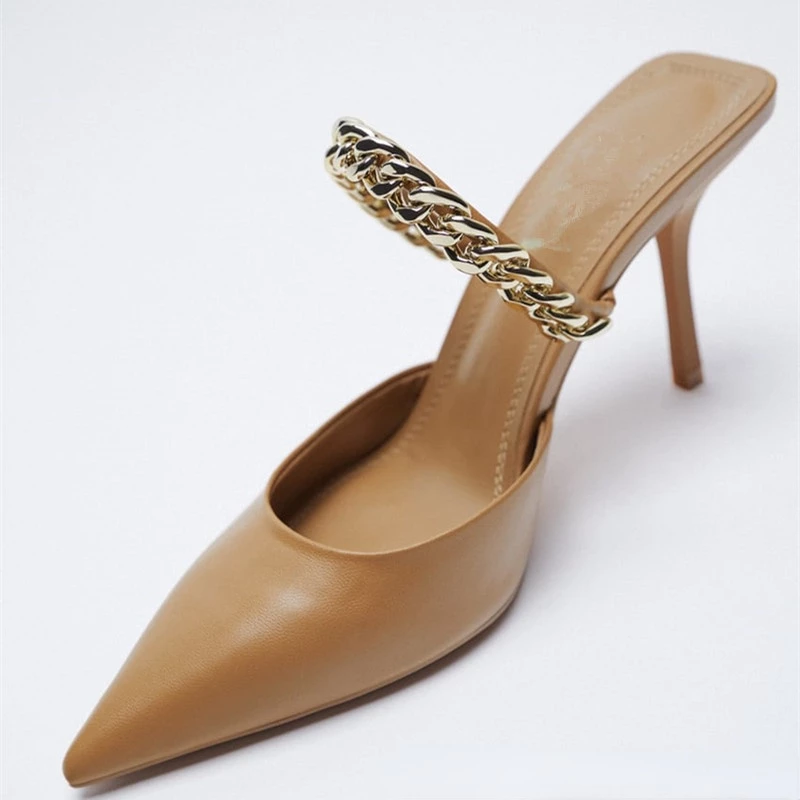 Women's Chain Belt Mules Shoes Brown Stiletto Elegant Pointed Toe Mary Janes For Female Plus Size Black S005