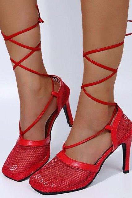 Women Pumps Thin High Heels Sexy Sandals Shoes For Woman Fashion Square Toe Mesh Ankle Strap Pumps Sandals Ladies Shoes S009