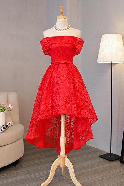 Beautiful Red Lace High Low Off Shoulder Wedding Party Dress, Red Homecoming Dress F007