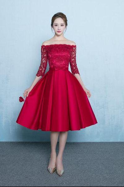 Cute Red Off Shoulder Lace And Stain Short Prom Dress, Red Bridesmaid Dress F008