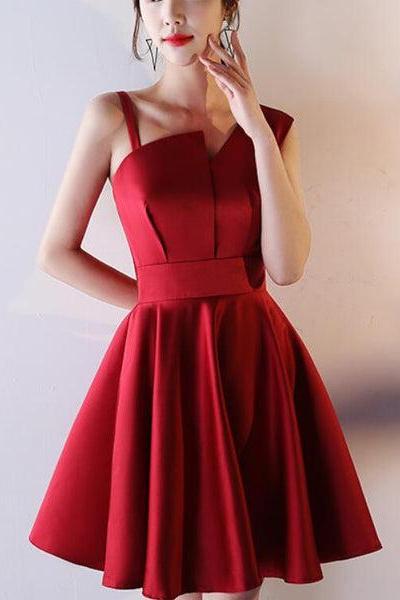Dark Red Satin One Shoulder Mini Party Dress, Wine Red Homecoming Dress F010