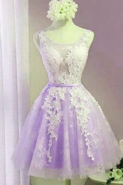 Cute Lavender Tulle Lace Applique Homecoming Dress , Short Prom Dress F014