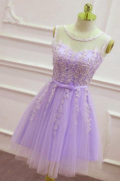 Light Purple Tulle Short Prom Dress, Lace Applique Formal Dress F015
