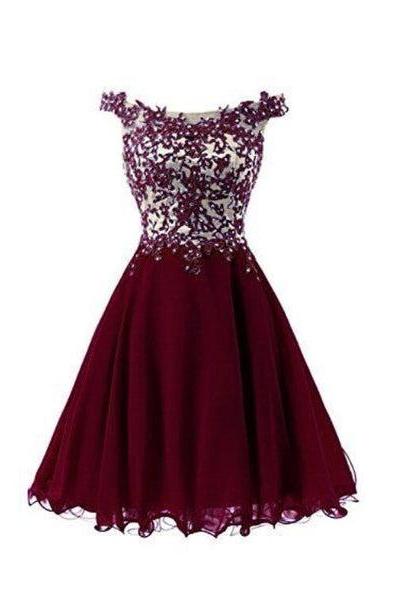Lovely Burgundy Knee Length Chiffon Party Dress, Short Prom Dress F018