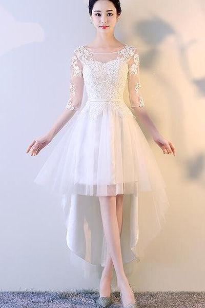 Beautiful White High Low Graduation Dress, Short Sleeves Lace Party Dress F020