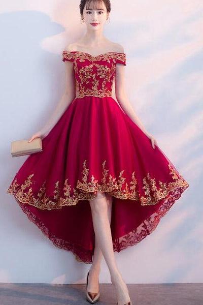 Dark Red Homecoming Dress, High Low Off Shoulder Party Dress F021