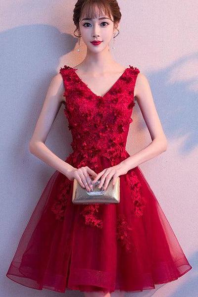 Wine Red V-neckline Tulle Party Dress With Applique, Short Homecoming Dress F022