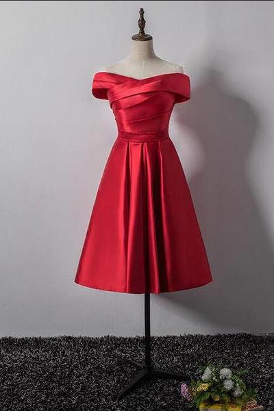 Red Satin Off Shoulder Homecoming Dress, Red Homecoming Dress F023