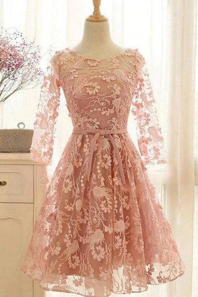 Pink Long Sleeves A-line Scoop Short/mini Homecoming Dress, Lace Prom Dress F024