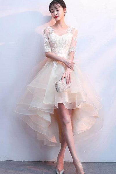 Cute Champagne Lace And Tulle Short Sleeves Party Dress, Homecoming Dress F027