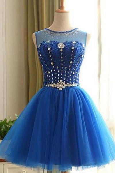 Blue Beaded Knee Length Homecoming Dress, Short Prom Dress F028