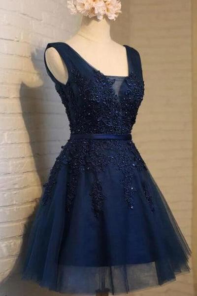 Navy Blue Knee Length Lace Applique Party Dress, Homecoming Dress F030