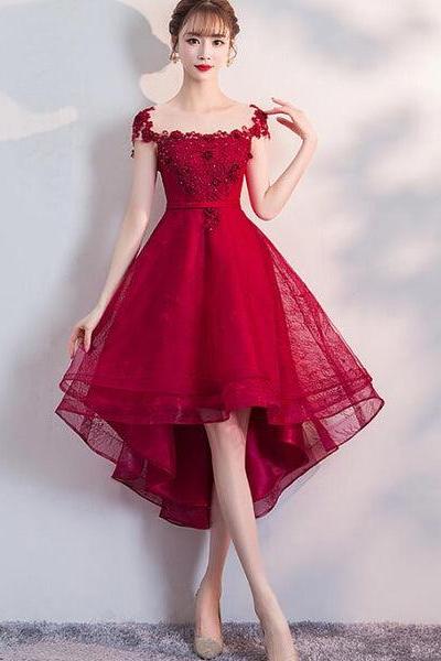 Beautiful Red Cap Sleeves High Waist Party Dress, Red Homecoming Dress F031