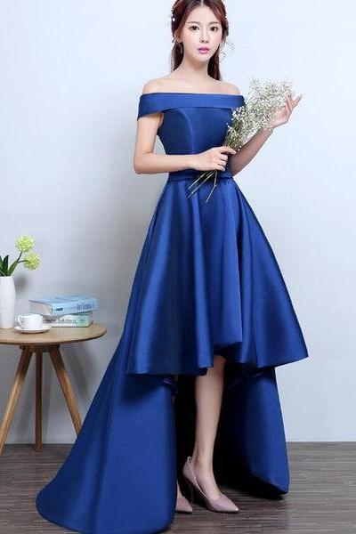 Blue High Low Homecoming Dress, Simple Satin Lace-up Formal Dress F033