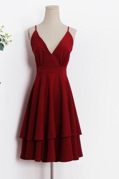 Beautiful Dark Red V-neckline Chiffon Layers Women Dresses, Fashion Women Dresses F035