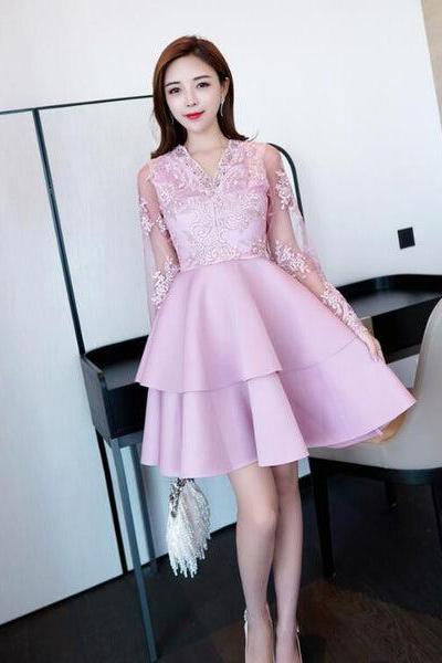 Pink Lace Long Sleeves Layers Homecoming Dress, Lovely Party Dress F036