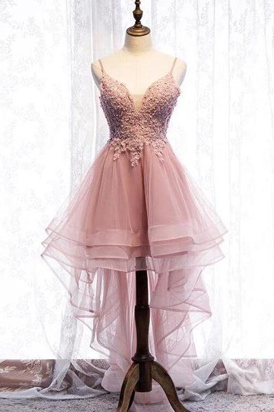 Straps Pink Homecoming Dress High Low Party Dress, Homecoming Dress F037
