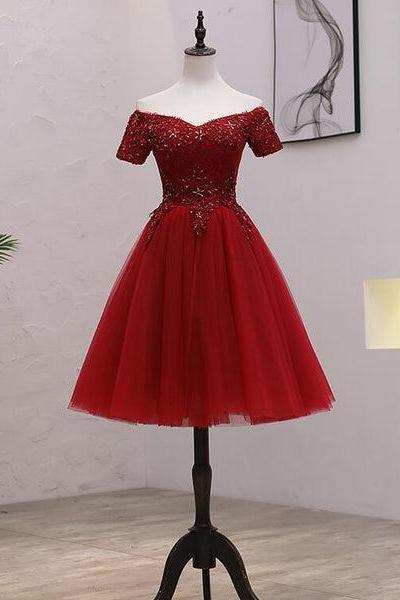 Tulle Dark Red Off The Shoulder Knee Length Homecoming Dress, Red Party Dress F039