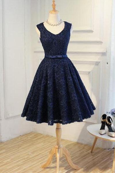 Navy Blue Lace Vintage Knee Length Bridesmaid Dress, Charming Lace Party Dress F040