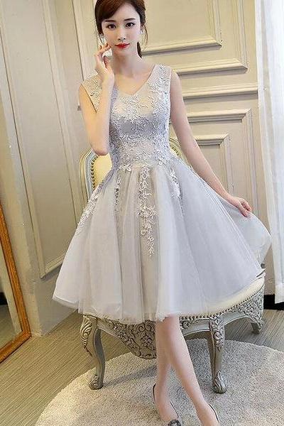 Lovely Grey Lace And Tulle Bridesmaid Dress, Grey Homecoming Dress F041