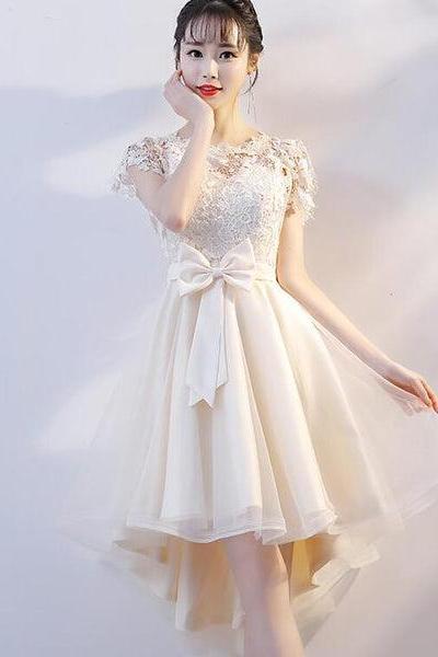 Champagne Tulle High Low Party Dress, Cute Lace Homecoming Dress With Bow F042