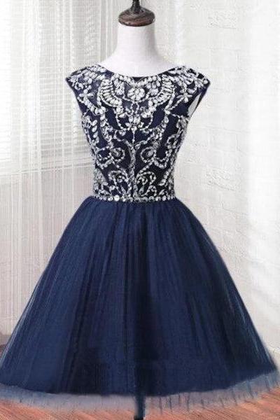Short Tulle Beaded Dress Blue Knee Length Homecoming Dress, Cute Party Dress F044