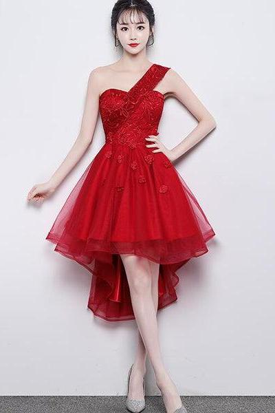 One Shoulder Sweetheart Tulle High Low Party Dress, Red Homecoming Dress F046