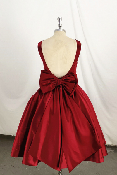 Dark Red Satin Backless Vintage Style Party Dress With Bow, High Quality Handmade Dress F050