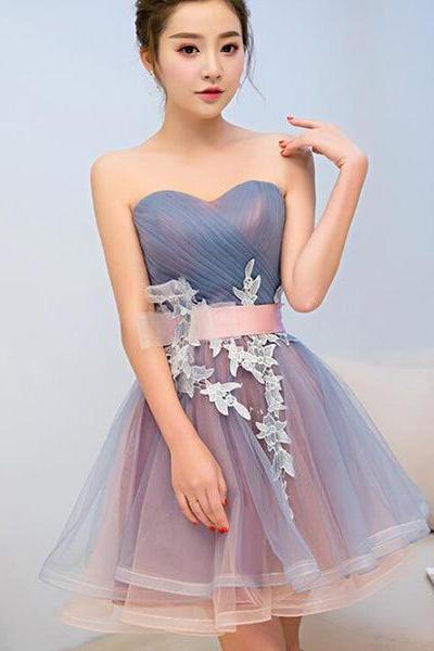 Blue And Pink Knee Length Homecoming Dress With Belt, Lovely Party Dresses F051
