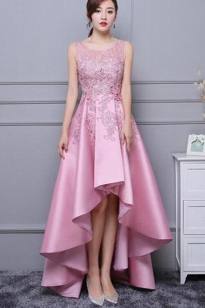Lovely Pink Satin And Lace High Low Party Dress, Handmade Formal Dress F052