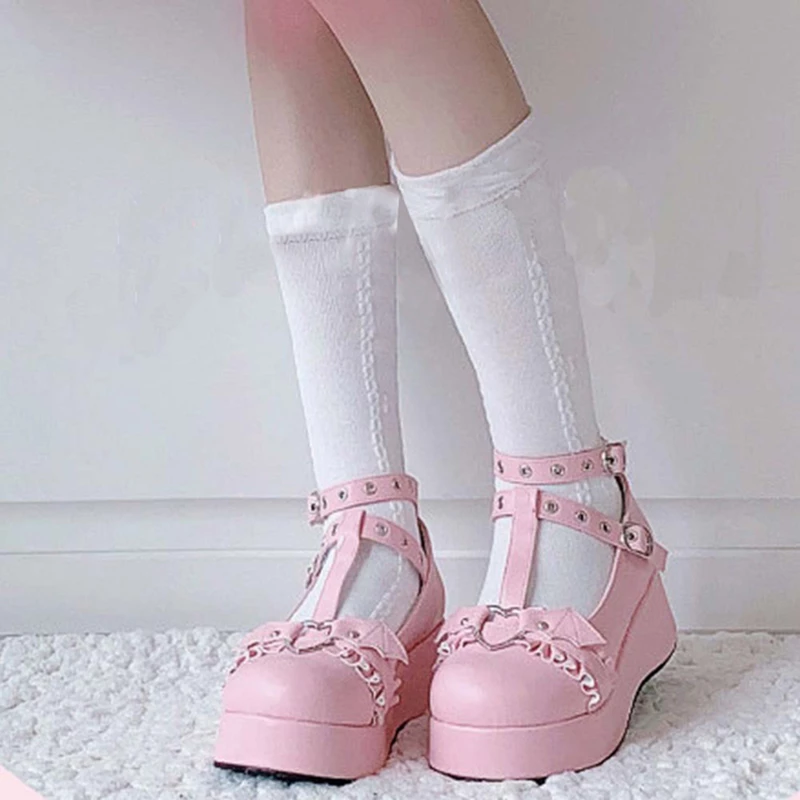 Sweet Heart Buckle Wedges Mary Janes Women Pink T-Strap Chunky Platform Lolita Shoes Woman Punk Gothic Cosplay Shoes S010