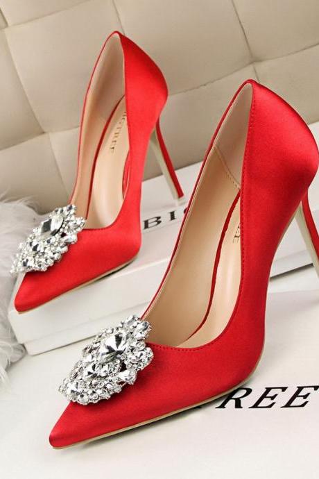 Rhinestone women's shoes stiletto high heels sexy thin shallow open pointed shiny rhinestone buckle shoes S013