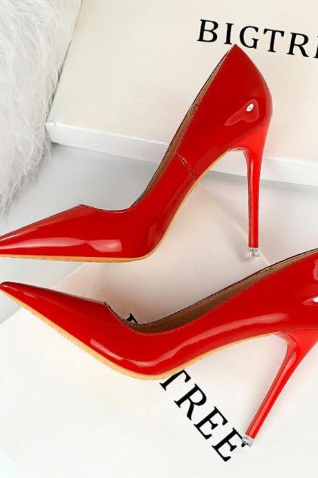 European And American Style Fashion Simple Stiletto High Heel Glossy Patent Leather Shallow Open Pointed Sexy Slim Women&amp;#039;s Shoes
