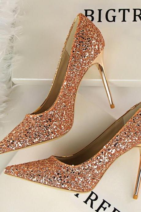 European And American Style Women&amp;#039;s Shoes High Heels Shallow Open Pointed Toe Shiny Sequins Sexy Slim Nightclub High Heels Shoes